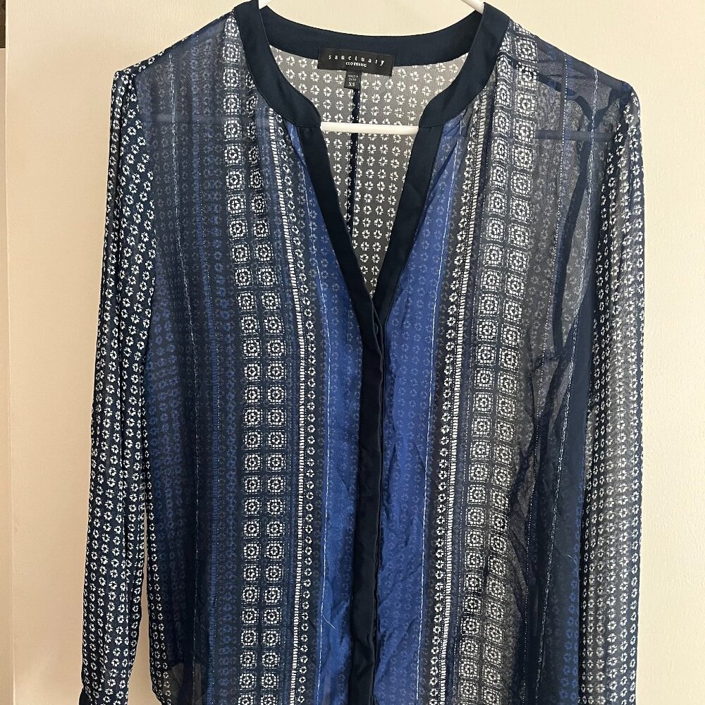 Sanctuary Sheer Geometric Navy V-Neck Long Sleeve Blouse XS